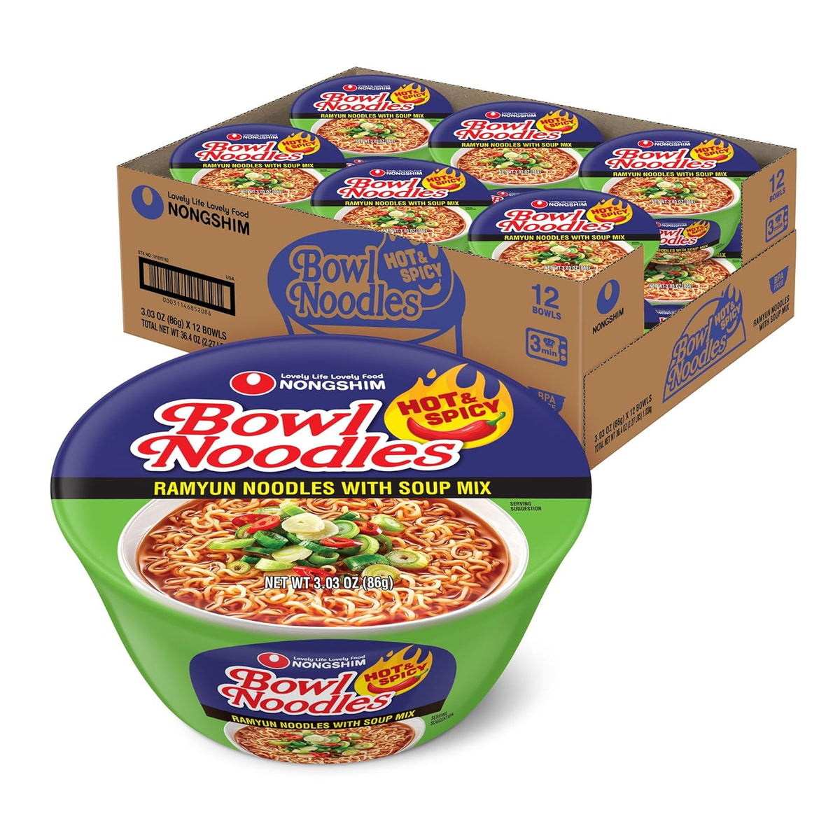 nongshim gourmet hot & spicy ramen noodles, 3.03 oz, 12-pack