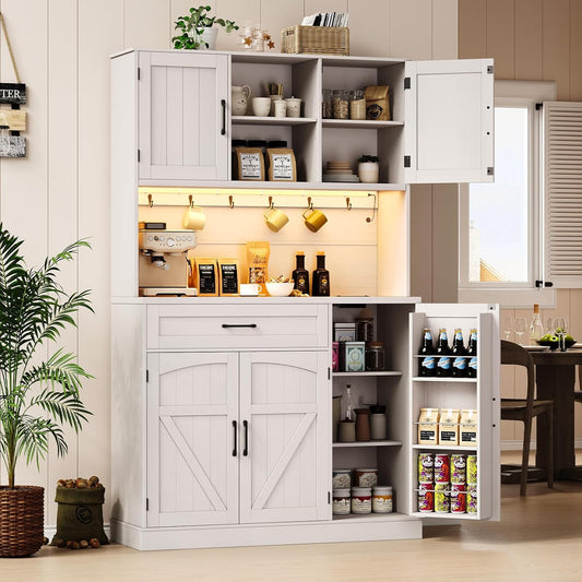 ONBRILL 71" Pantry Cabinet, Kitchen Pantry Storage Cabinet with LED Light & Outlet, Kitchen Hutch with Microwave Shelf & 6 Hooks, Door Shelves & Drawer & Adjustable Shelves, for Dining Room