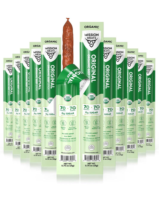 Organic Beef Sticks - Grass Fed, Zero Sugar, Non-GMO, Individually Wrapped Meat Snacks