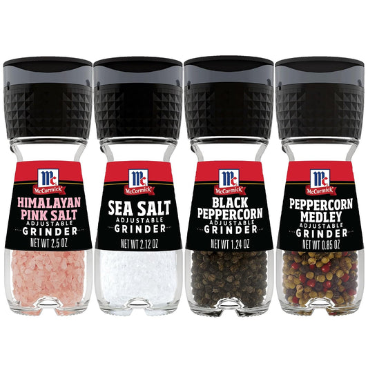 McCormick grinder essentials variety pack non gmo 6.47 oz, varieties include black peppercorn, himalayan pink salt, peppercorn medley & sea salt