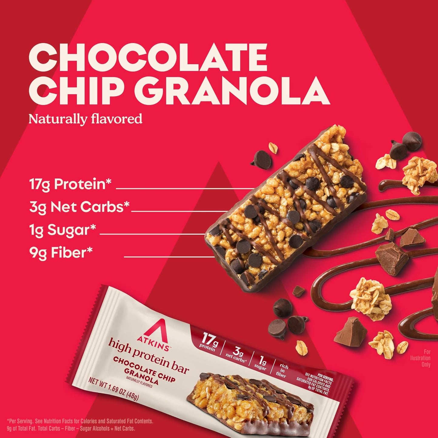 Atkins Chocolate Chip Granola Protein Bar, 12 Count, High Fiber, Low Sugar, 17g Protein
