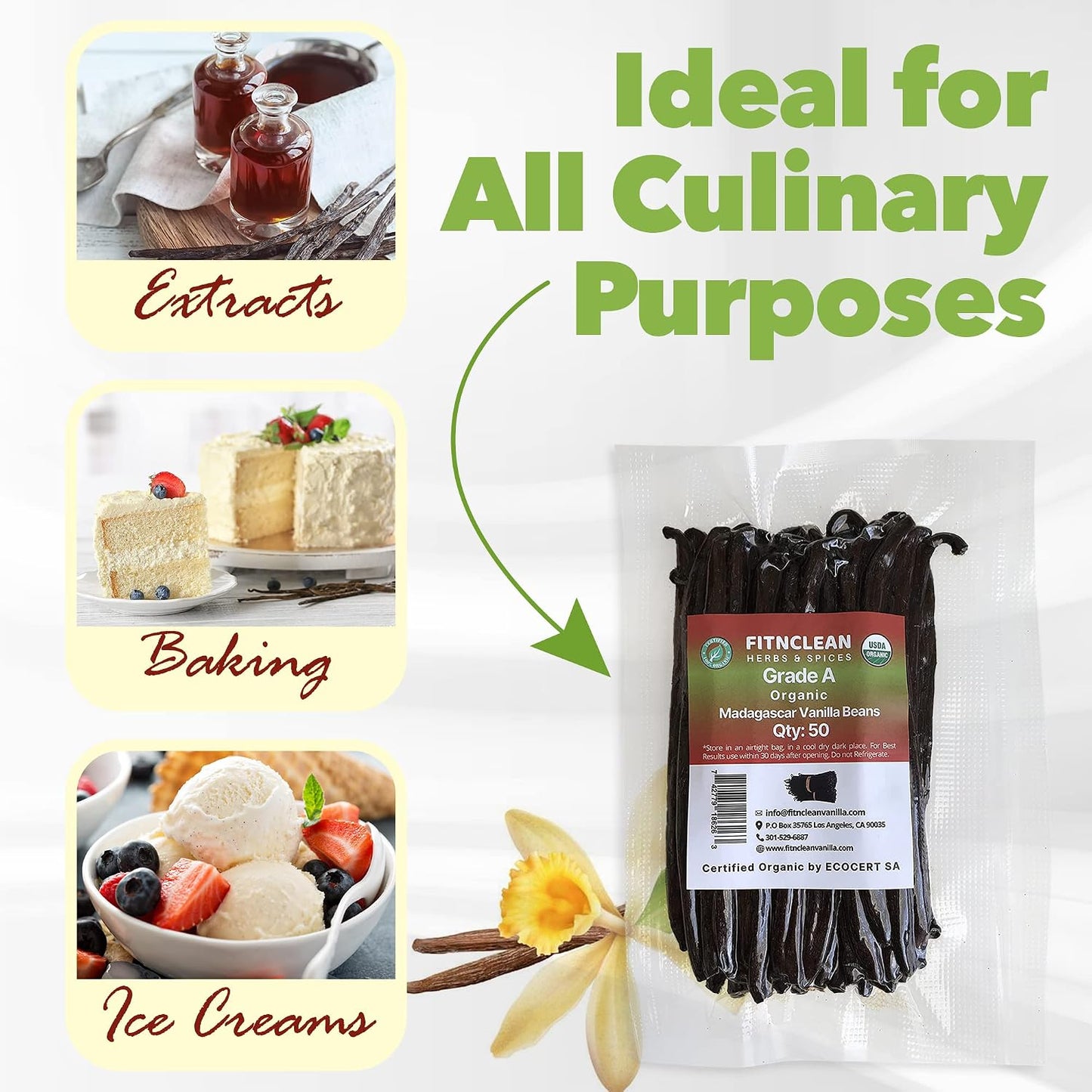 FitNClean Madagascar Vanilla Beans Bulk Fresh Organic Grade A Pods Non-Gmo 5 Long for Baking and Extract