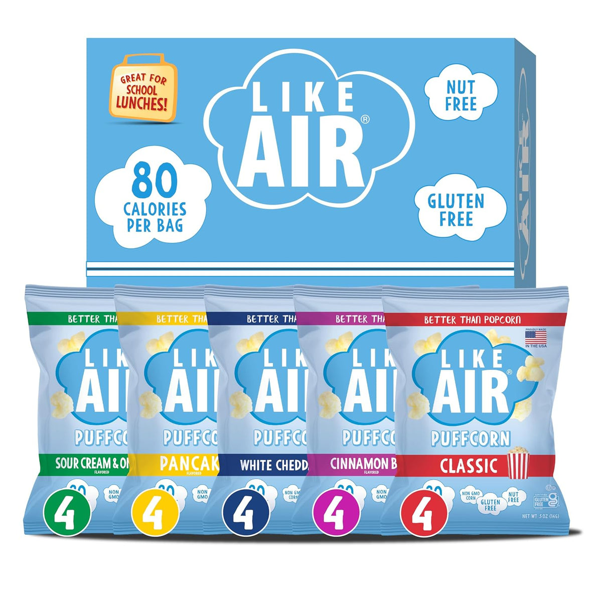 Like Air Puffcorn 5 Flavor Variety Pack, 20 Individual Bags, Gluten Free, Kosher, Non-GMO Corn Snacks