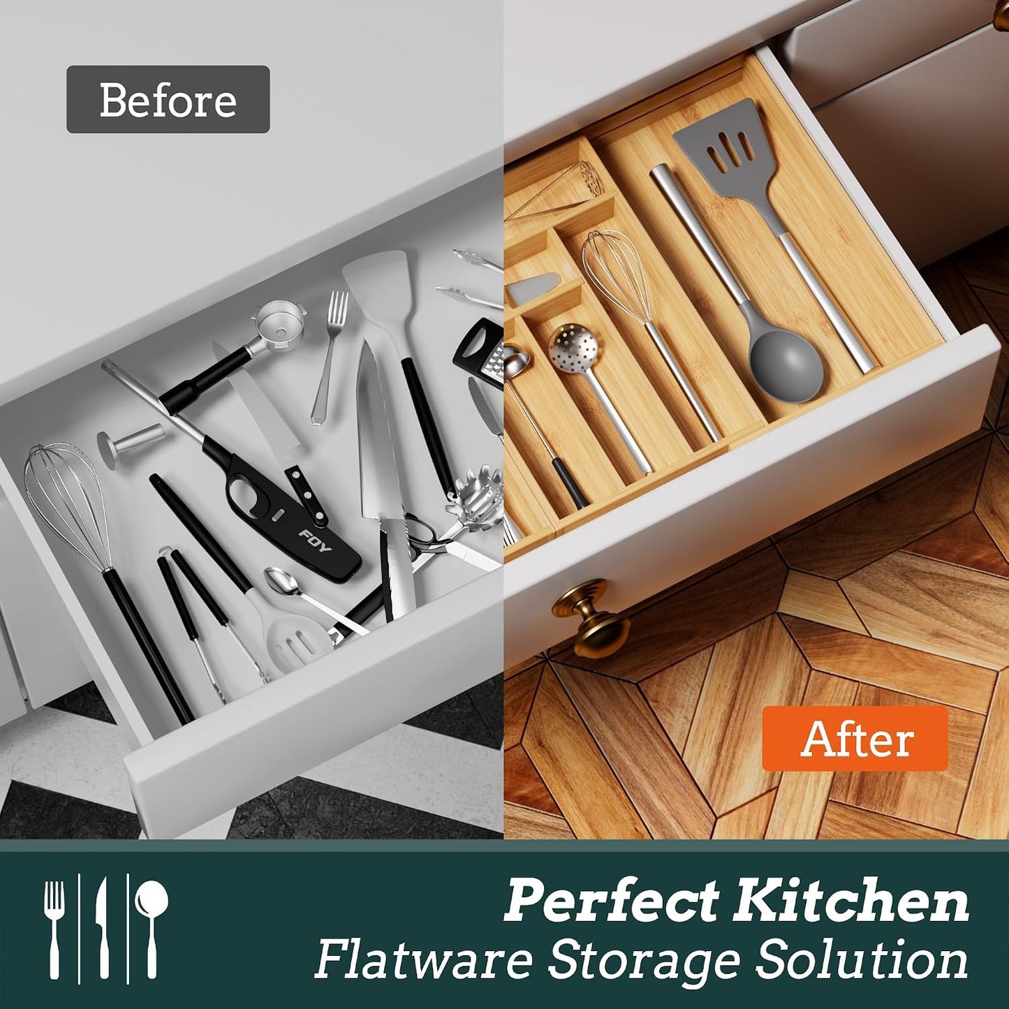 Silverware Organizer Large, Magnetic Connected Expandable 13 Slots Silverware Drawer Organizer From 21 to 37.4 Inches, Adjustable Flatware and Cutlery Holder, Bamboo Utensil Tray for Kitchen Natural