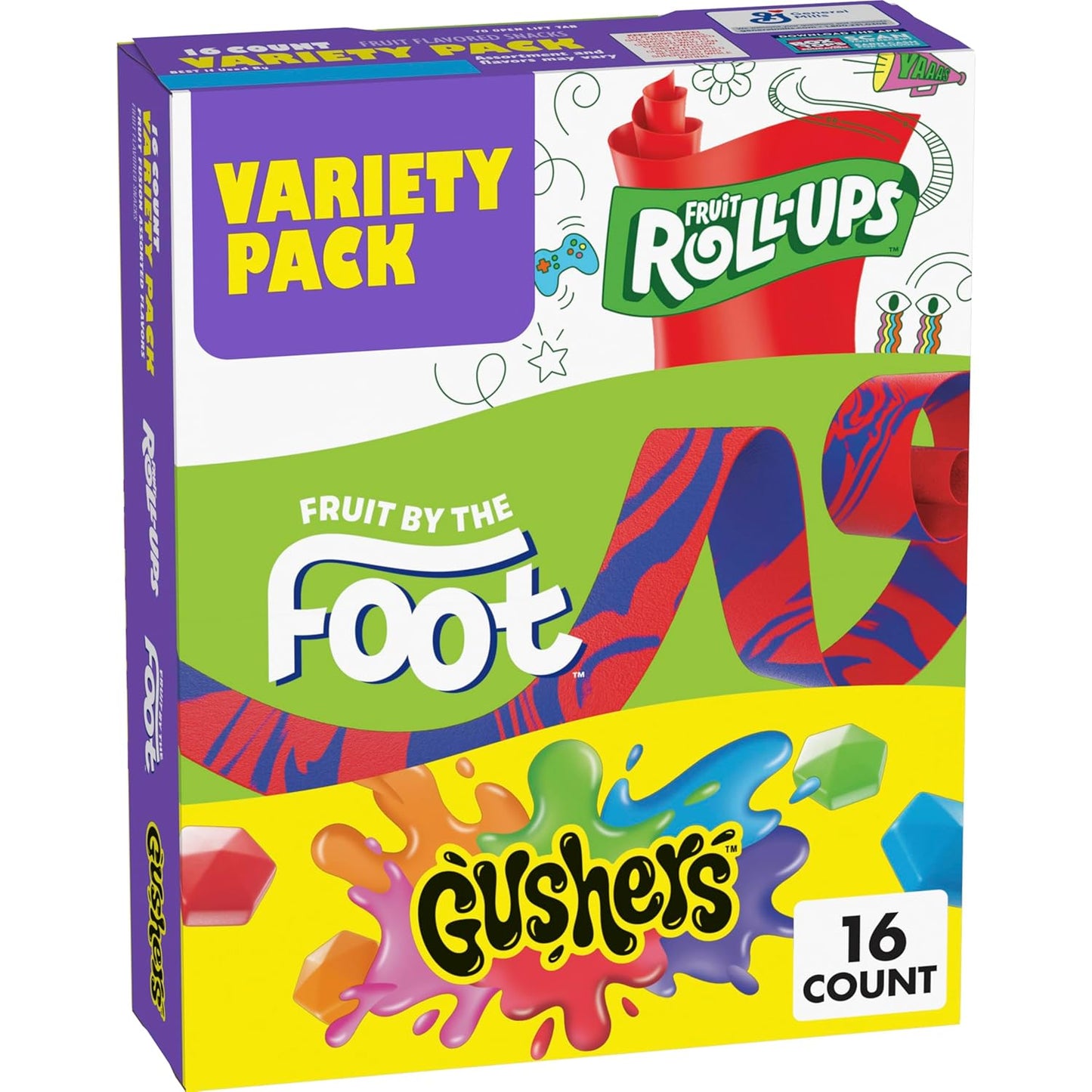 Fruit Roll-Ups, Fruit by the Foot, and Gushers Variety Pack, 16 Pouches, 10.2 oz, Gluten Free