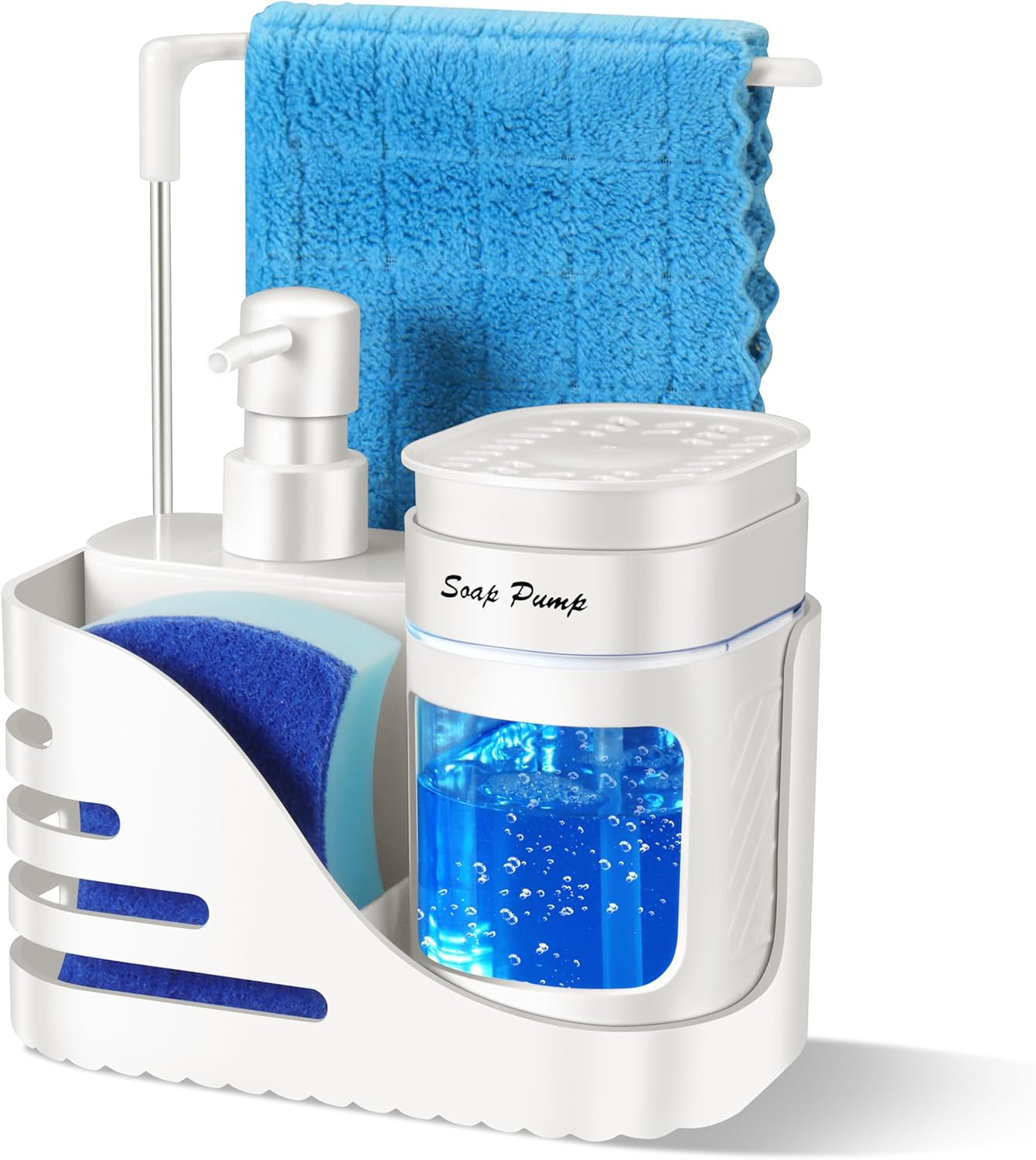 Kitchen Soap Dispenser Set, 4-in-1 Dual Hand and Dish Soap Dispenser with Sponge Holder and Dishcloth Holder for Kitchen Sink (Black)