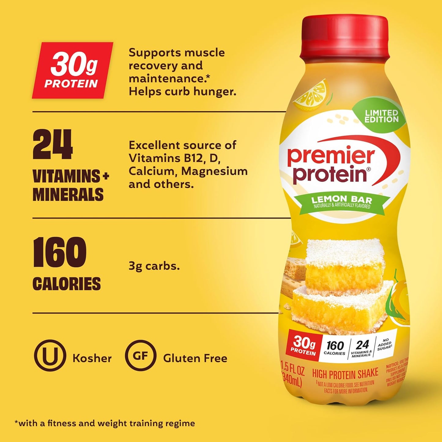 Limited Edition Lemon Bar Premier Protein Shake, 30g Protein, 24 Vitamins, 12 Pack