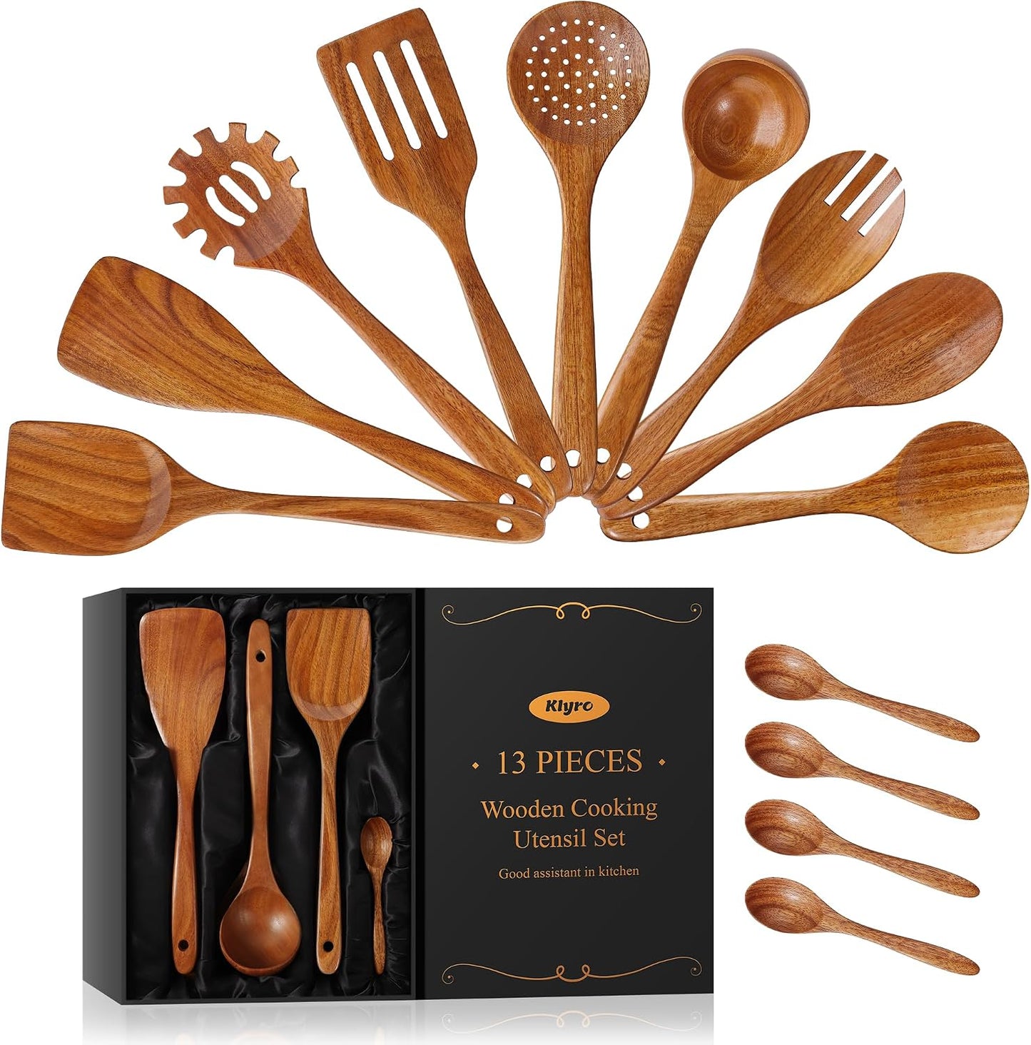 KLYRO Wooden Spoons for Cooking, Nonstick Kitchen Utensils Set with 4 Piece Measuring Spoons, Comfort Grip Wooden Spatula Set, 9 Piece Teak Wooden Cooking Utensils with Holder and Spoon Rest