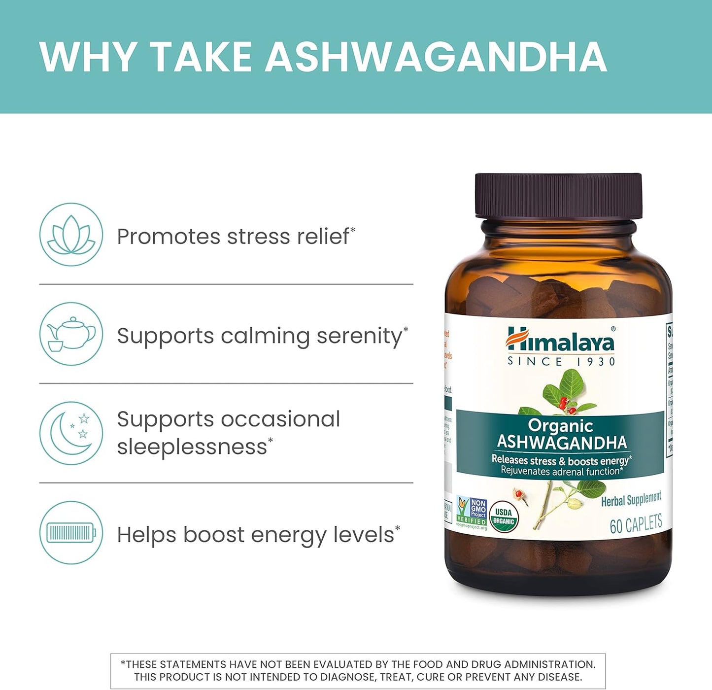 Himalaya Organic Ashwagandha Root, 2 Month Supply - Herbal Adrenal Support Supplements for Stress Relief and Energy Support - USDA Organic, Non-GMO, Vegan, Gluten Free, 670 mg, 60 Caplets