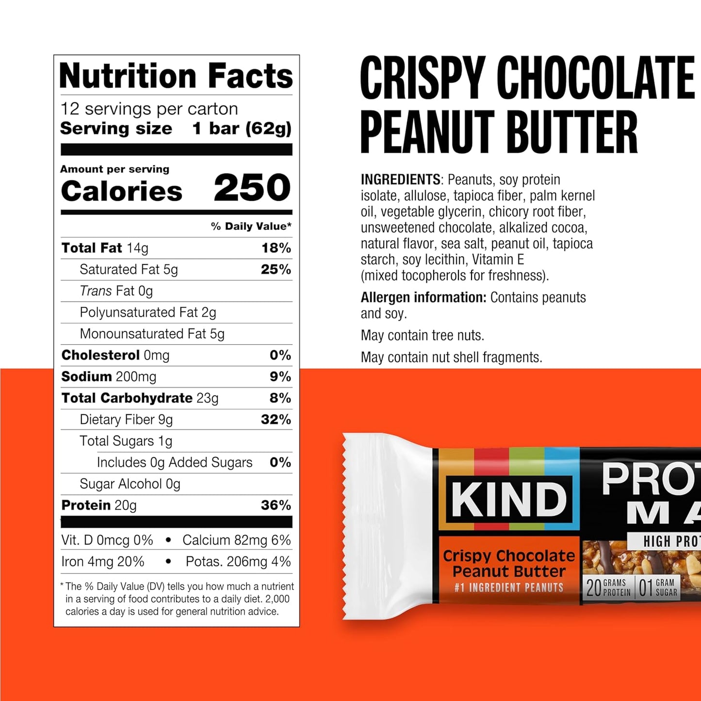 KIND Protein MAX Crispy Chocolate Peanut Butter Snack Bars, 12 Count Box, 20g Protein, Keto Friendly