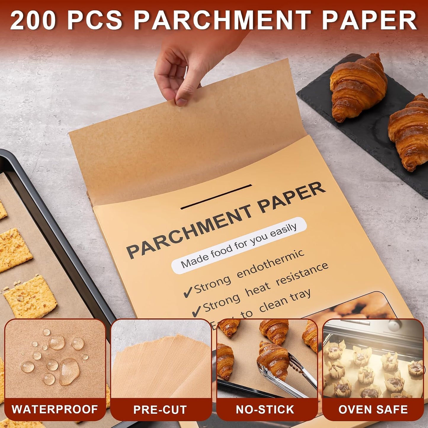 200Pcs Parchment Paper,12x16 In Non-Stick Precut Parchment Paper Sheets | Unbleached,Parchment For Baking Sheets,Fryer, Cooking,Oven,Perfect for Bread, Cakes, Barbecue