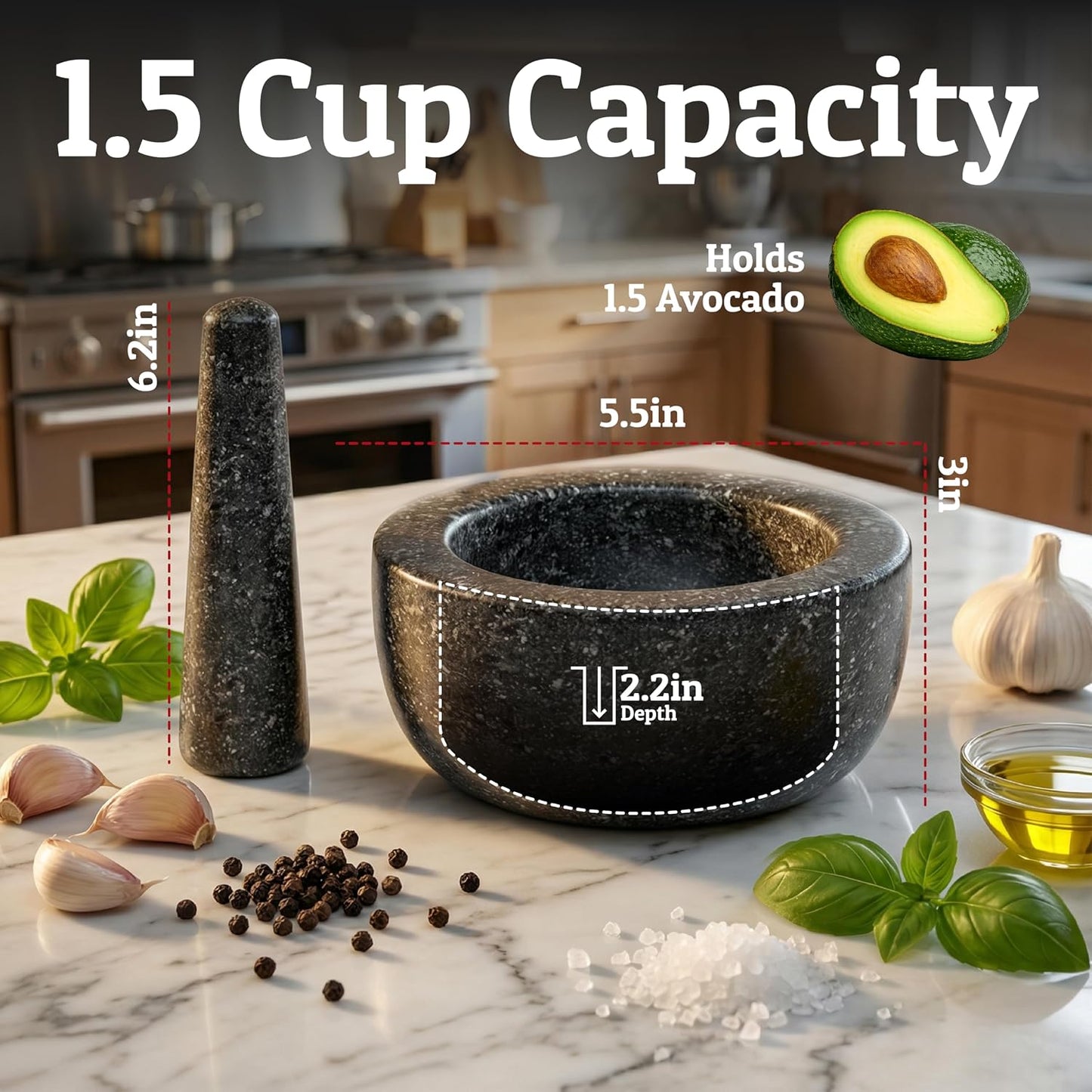 Priority Chef Heavy Duty Large 1.5 Cup Mortar and Pestle Set, 100% Natural Granite, 5.5 Inch Diameter Bowl, 6.2 Inch Pestle, Non-Slip Base, Stone Grinder for Guacamole Salsa Pesto Herbs Spices, Black