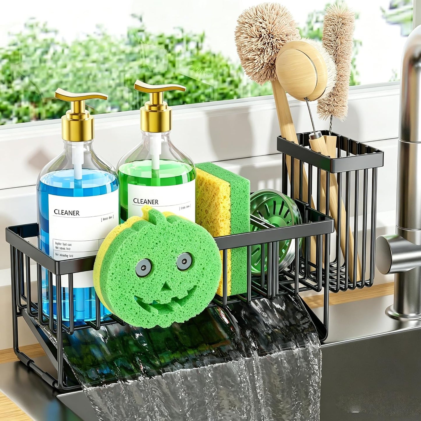 Cisily Sponge Holder for Kitchen Sink, Smiley Face Sink Caddy with Removable Brush Holder,Self-Draining Sponge Caddy for Sponge,Soap,Dish Brush,Scrubber,Kitchen Essentials and Gadgets