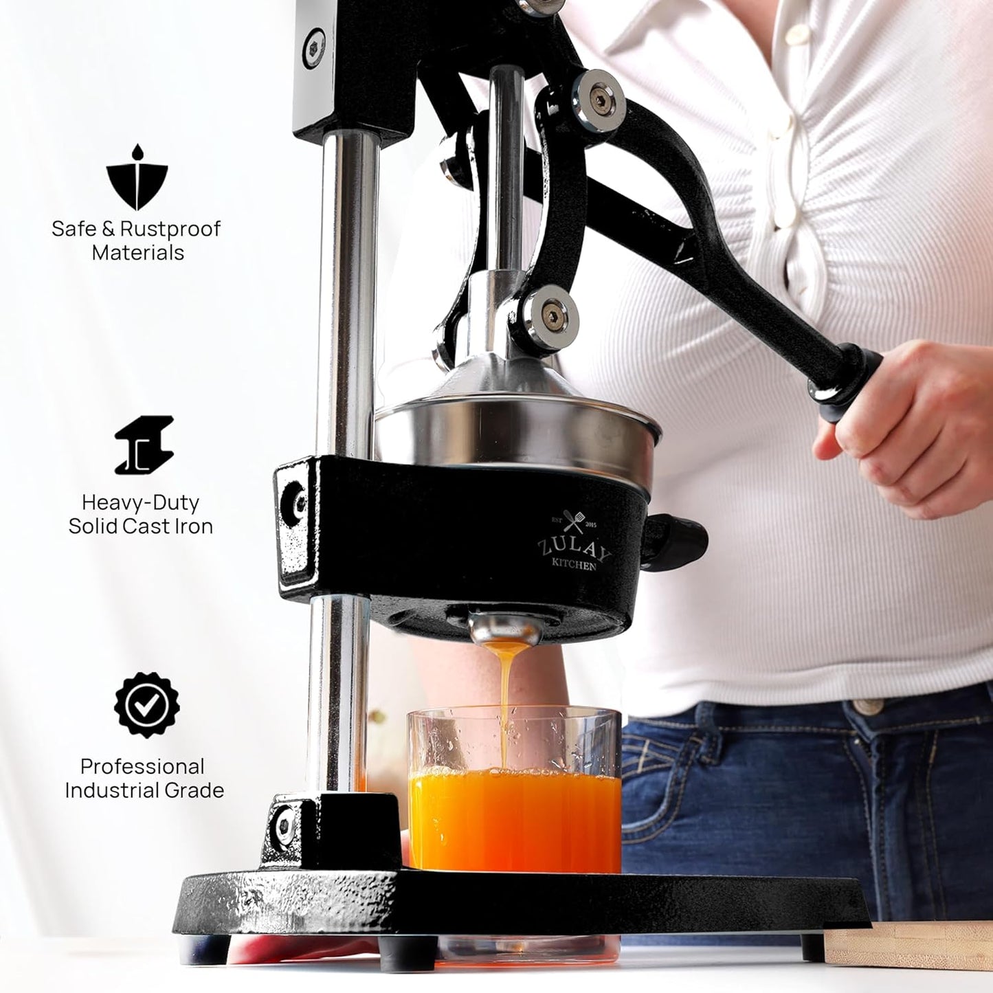 Zulay Kitchen Cast-Iron Orange Juice Squeezer - Easy-to-Clean, Heavy-Duty, Professional Citrus Juicer - Stainless Steel Lemon Squeezer - Manual Citrus Press & Orange Squeezer - Orange Juicer (Black)
