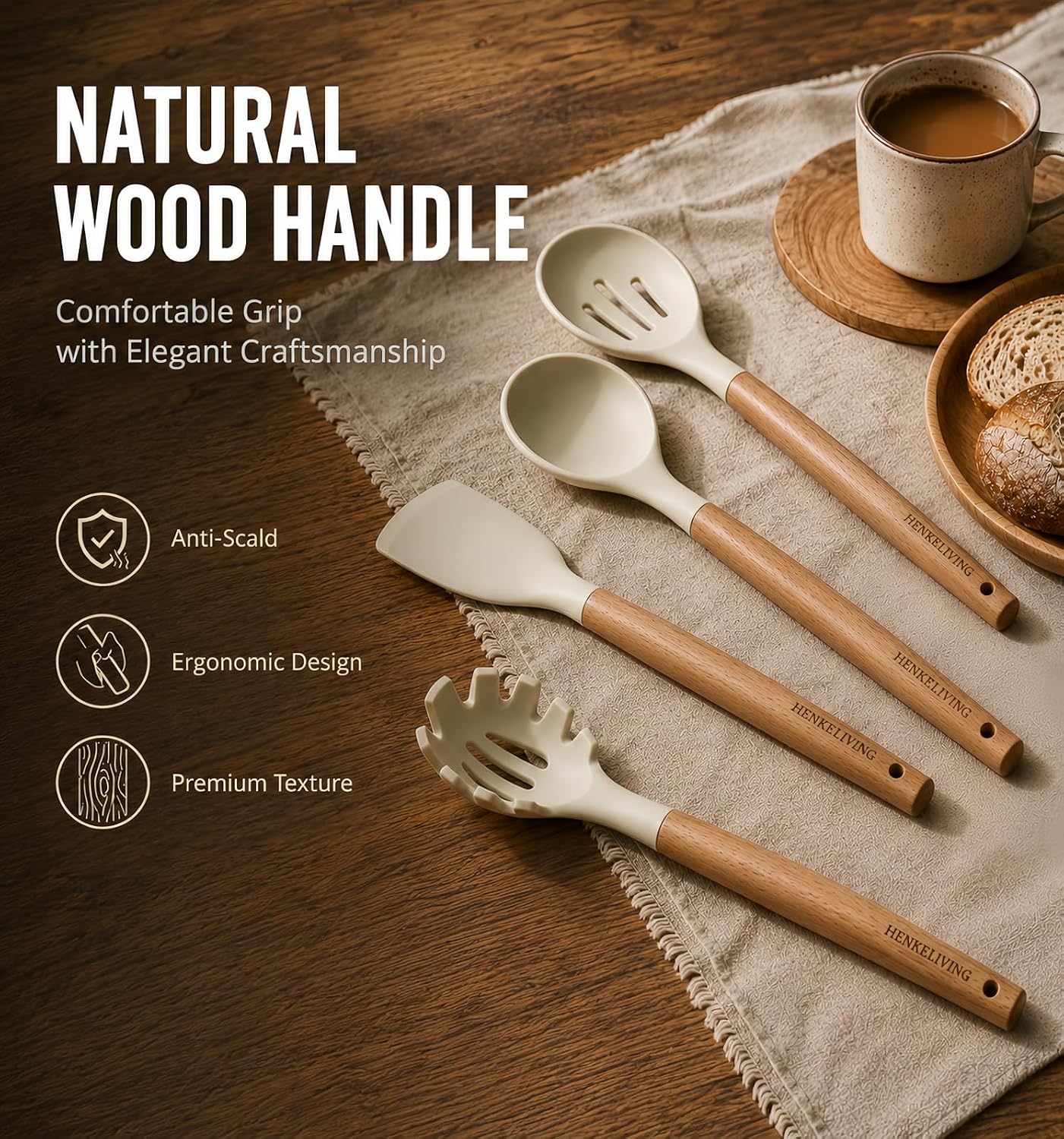 Silicone 10 Pcs Kitchen Cooking Utensils Set, Recycled Materials Certification, BPA Free Spatula Set with Heat Resistant Wood Handles for Nonstick Cookware, Cream White