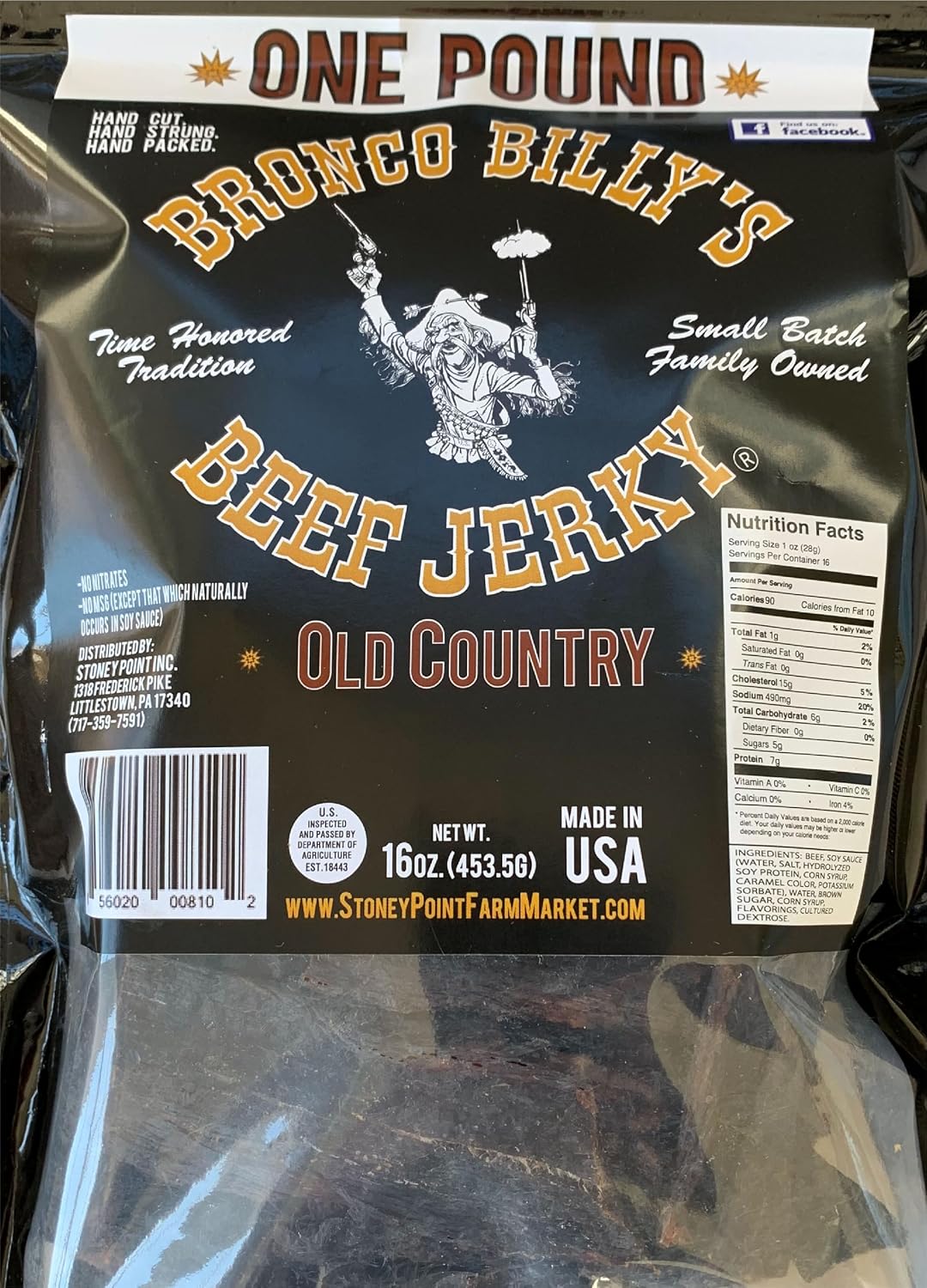 Bronco Billy's Beef Jerky Hickory Smoked Old Country One Pound Resealable Bag