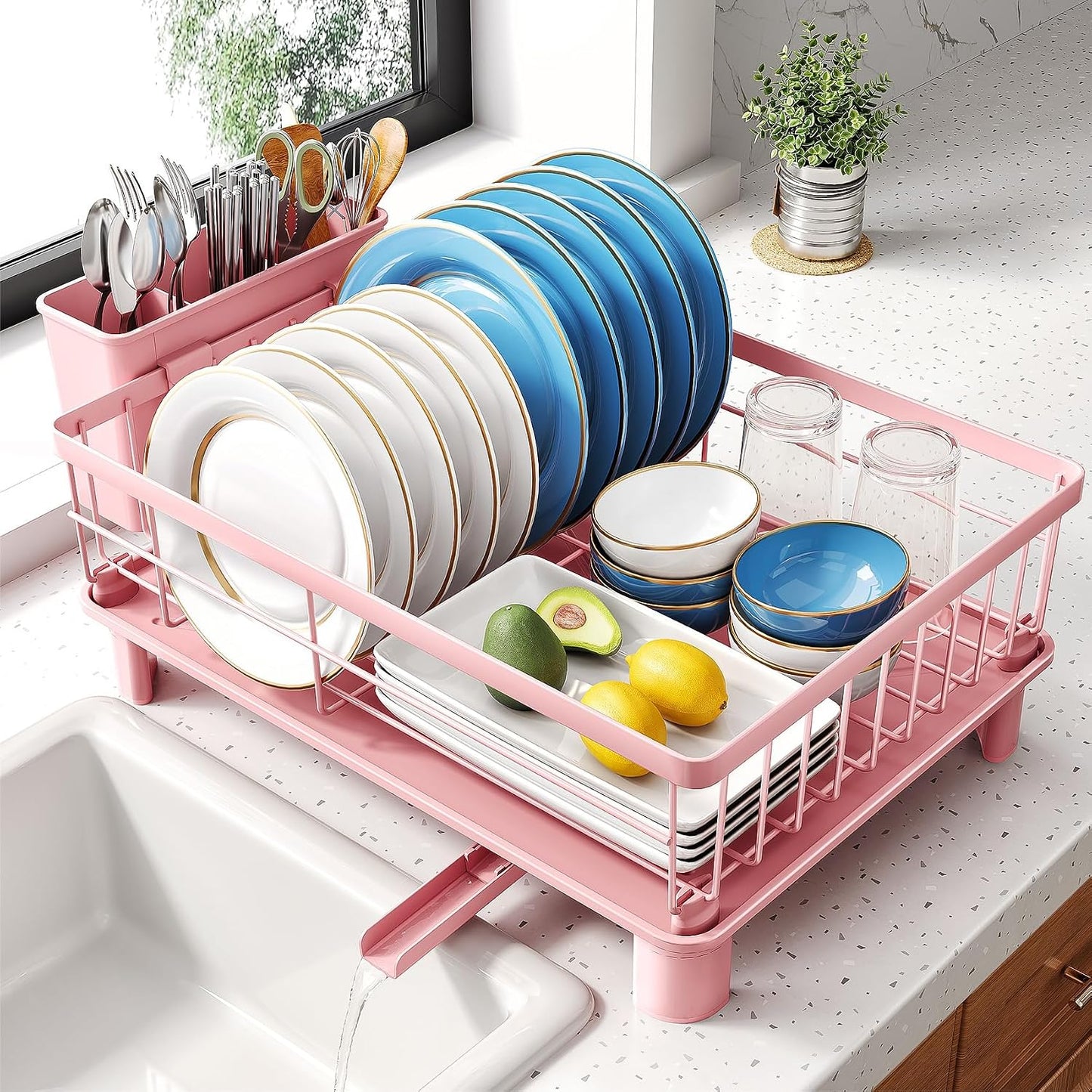 SNTD Dish Drying Rack for Small Kitchen Counter, 11" W x 15" L, Black | Space Saving, Rotating Spout & Angled Drainboard for Quick Drainage, Stainless Steel, Removable Utensil Holder
