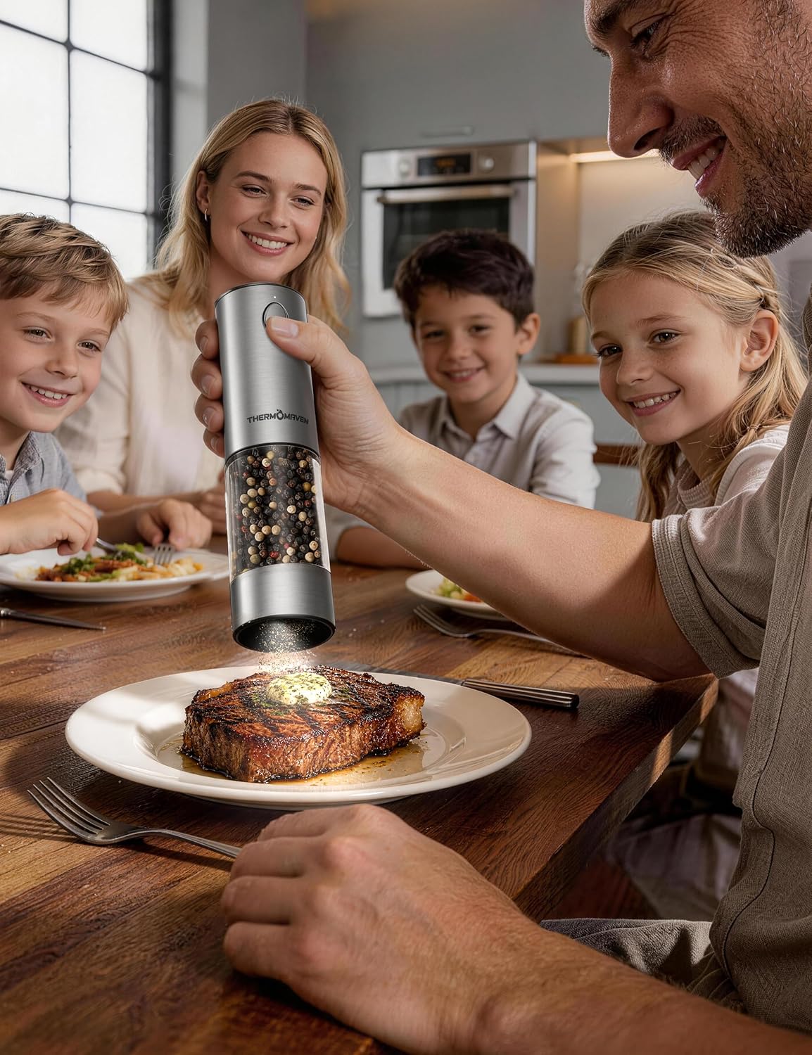 ThermoMaven Upgraded Larger Capacity Electric Salt and Pepper Grinder Set, 110ml Rechargeable Salt and Pepper Shaker with LED Light, Stainless Steel Automatic Pepper Mill with 6 Adjustable Coarseness