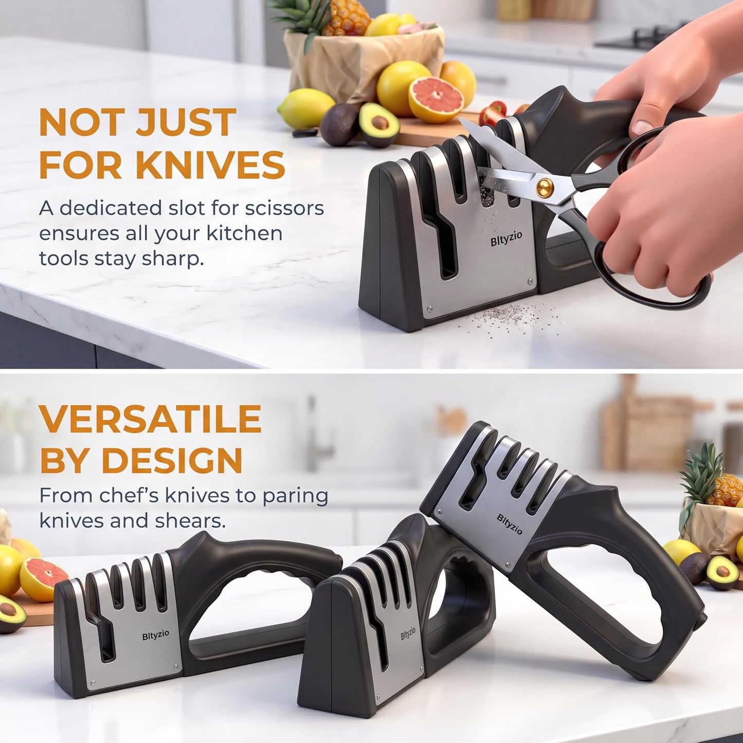 4-In-1 Manual Knife Sharpener for Kitchen Knives & Scissors, Professional Pull-Through Knife Sharpener with Tungsten Steel & Ceramic Slots, Non-Slip Base, Easy to Use for Chef Knives & Kitchen Knives
