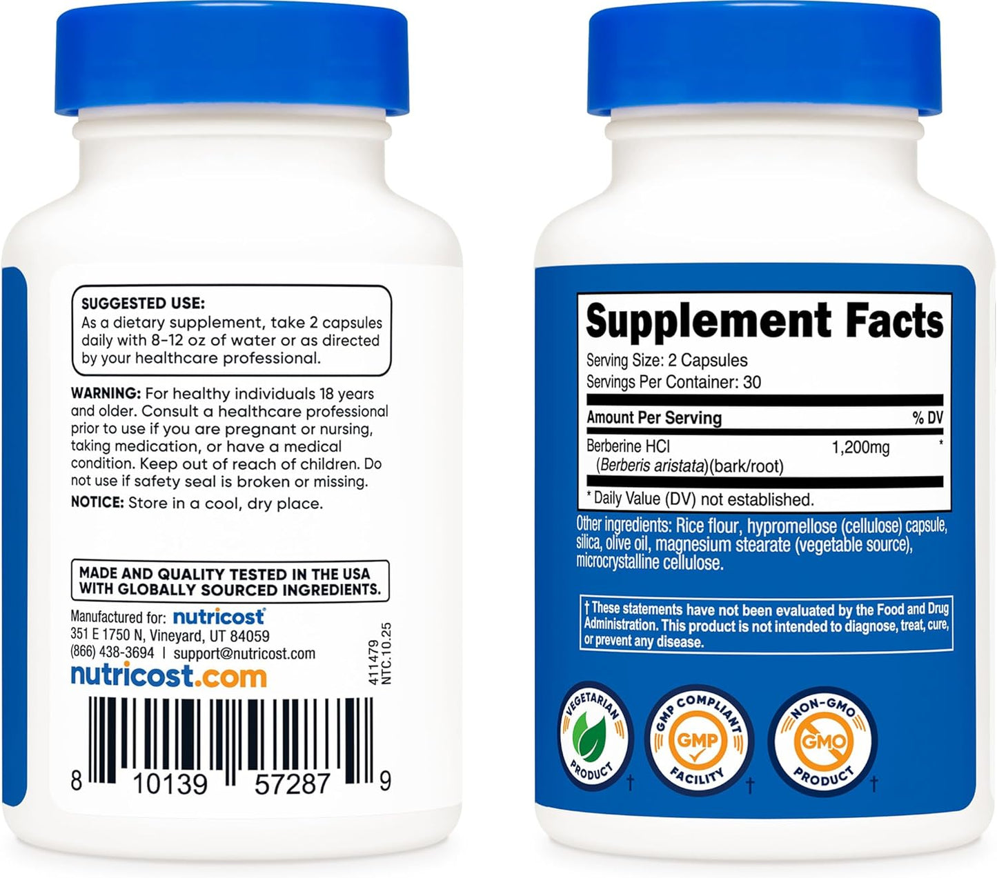 Nutricost Berberine HCl 1200mg , 60 Vegetarian Capsules - Gluten Free & Non-GMO