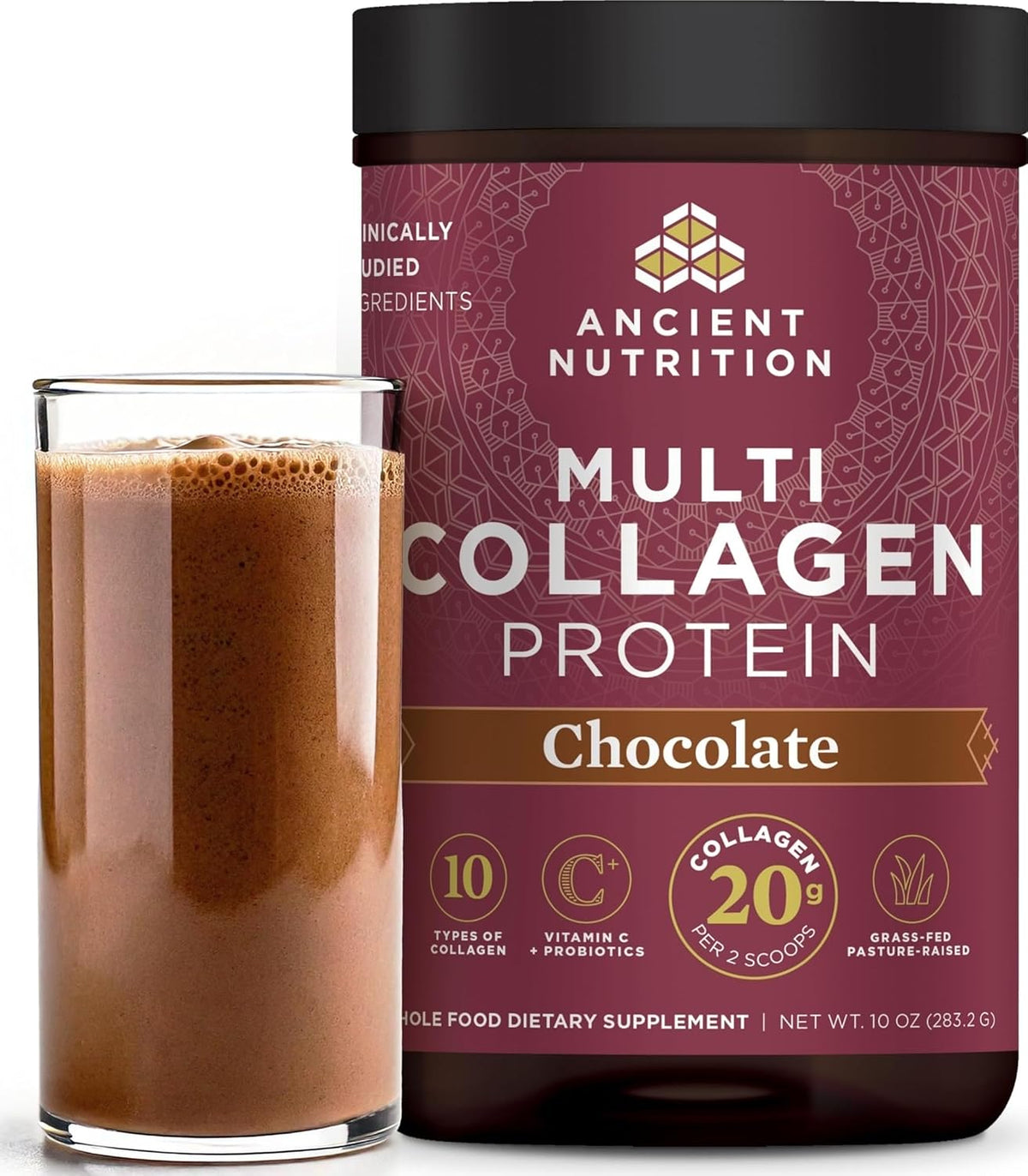 Ancient Nutrition Collagen Peptides Powder, Multi Collagen Protein, Women & Men, Vitamin C, Probiotics, Hydrolyzed Collagen, Supports Skin, Joints, Gut Health, Chocolate, 24 Servings