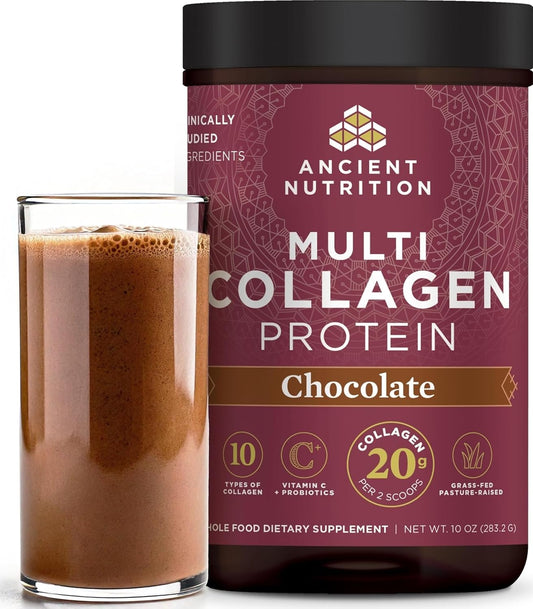 Ancient Nutrition Collagen Peptides Powder, Multi Collagen Protein, Women & Men, Vitamin C, Probiotics, Hydrolyzed Collagen, Supports Skin, Joints, Gut Health, Chocolate, 24 Servings