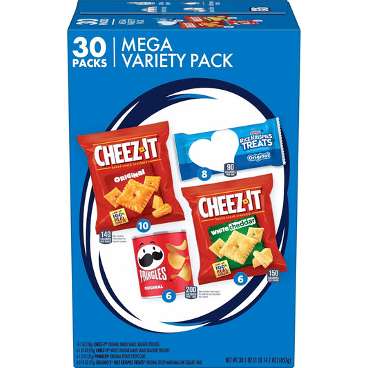 Kellogg's Cheez-It, Pringles & Rice Krispies Treats Snacks Mega Variety Pack, 30.1oz Box, 30 Count, Assorted Flavors