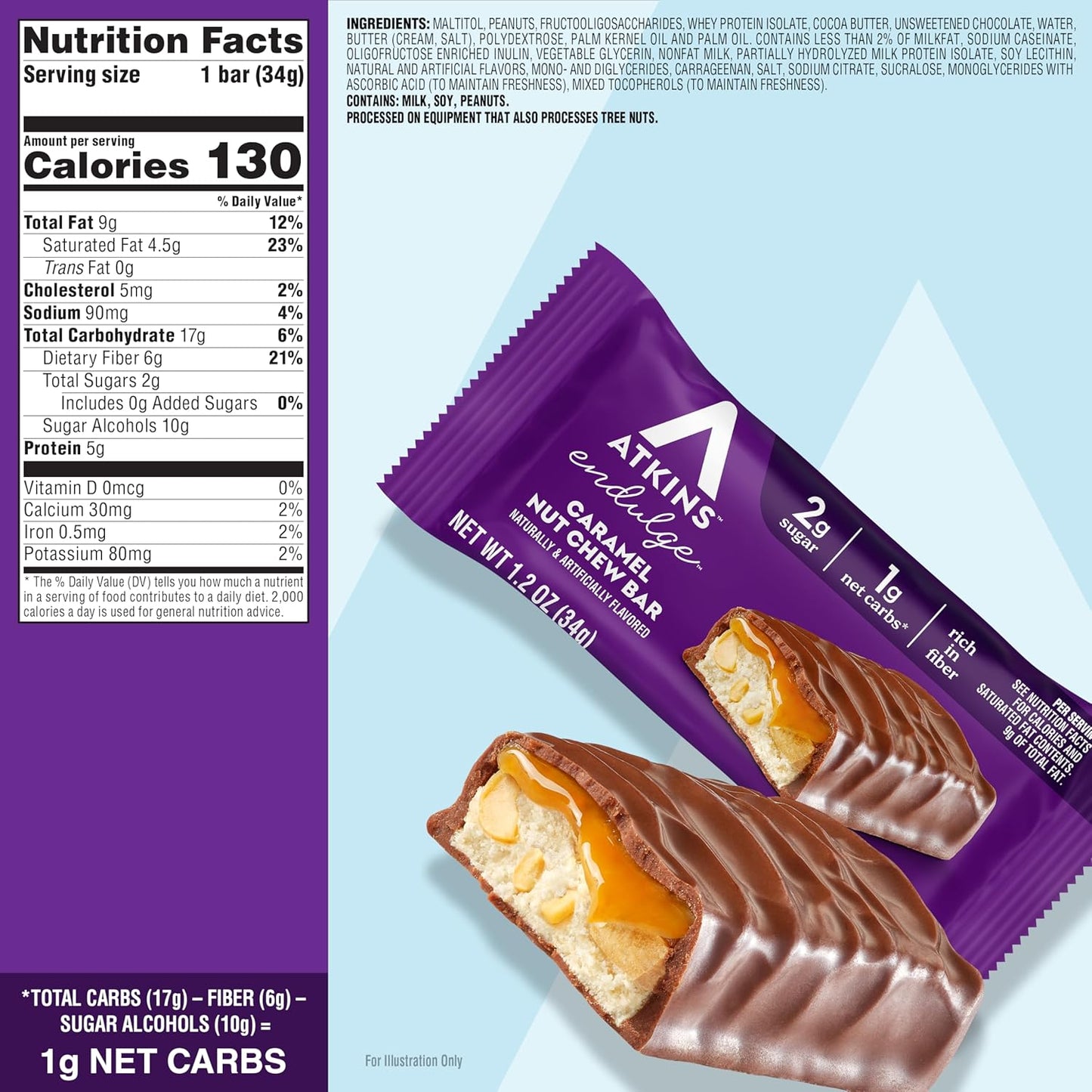 Atkins Endulge Caramel Nut Chew Bar, Low Sugar Snack, 10 Count