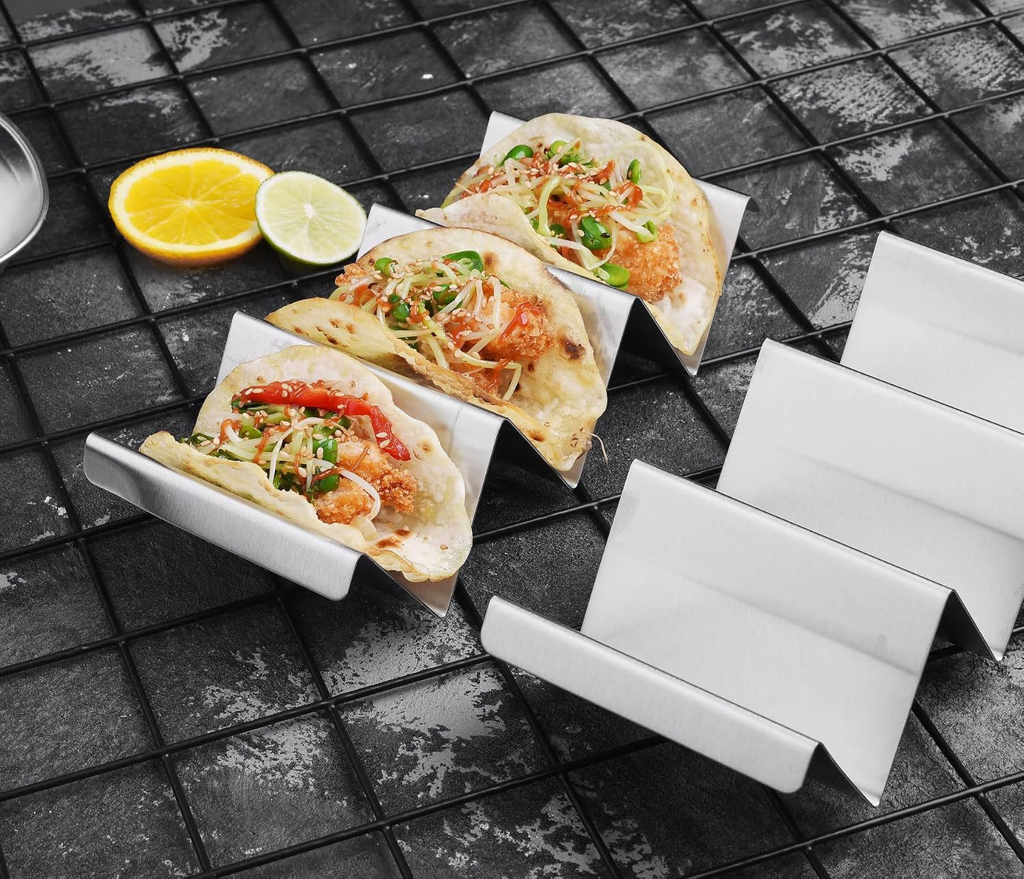 Taco Holders 4 Packs - Stainless Steel Taco Stand Rack Tray Style, Oven Safe for Baking, Dishwasher and Grill Safe