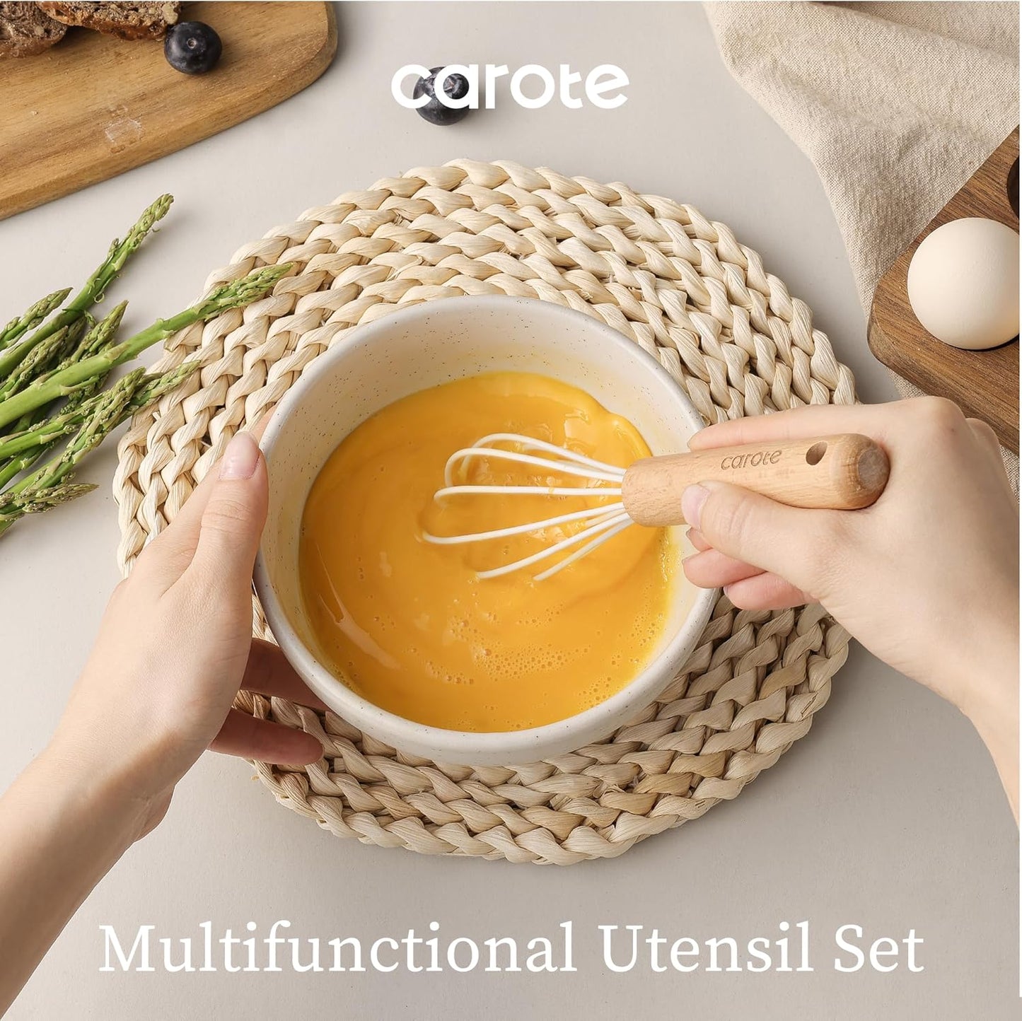 CAROTE 10-Piece Kitchen Utensils Set with Wood Cool-Touch Handles, Cream | Silicone Cooking Utensil, Food Grade, Nonstick Cookware Friendly, BPA-Free, Heat-Resistant, Everyday Home Essentials, Gifts