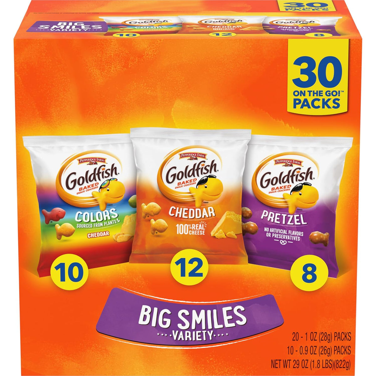 Goldfish Crackers Variety Pack with Cheddar, Colors, and Pretzels, 30 Count