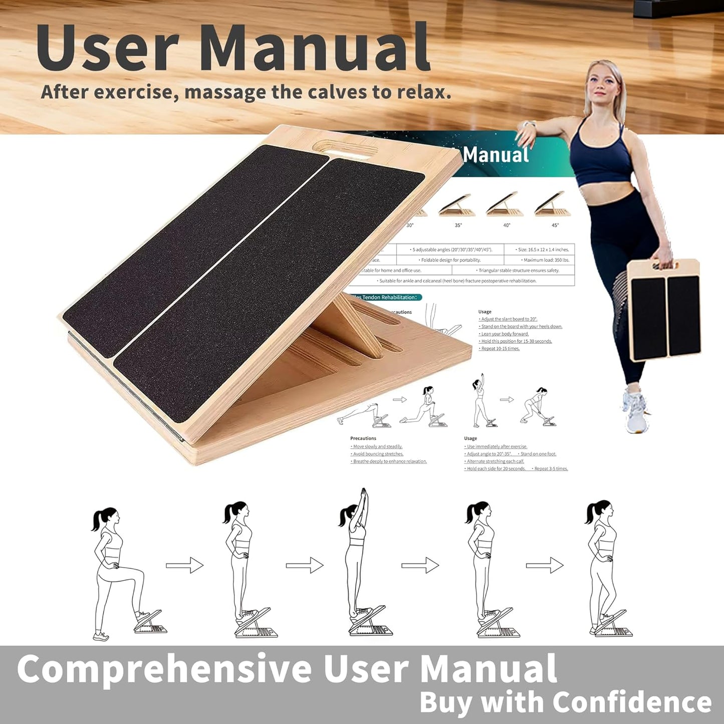 Adjustable Wooden Slant Board - 5-Angle Foldable Calf Stretcher & Squat Wedge for Home Gym
