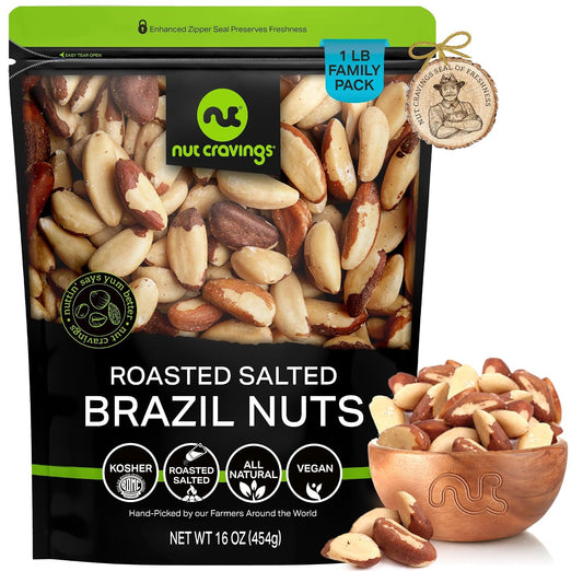 Brazil Nuts Roasted and Salted, No Shell, Whole, 16oz, Packed Fresh in Resealable Bag