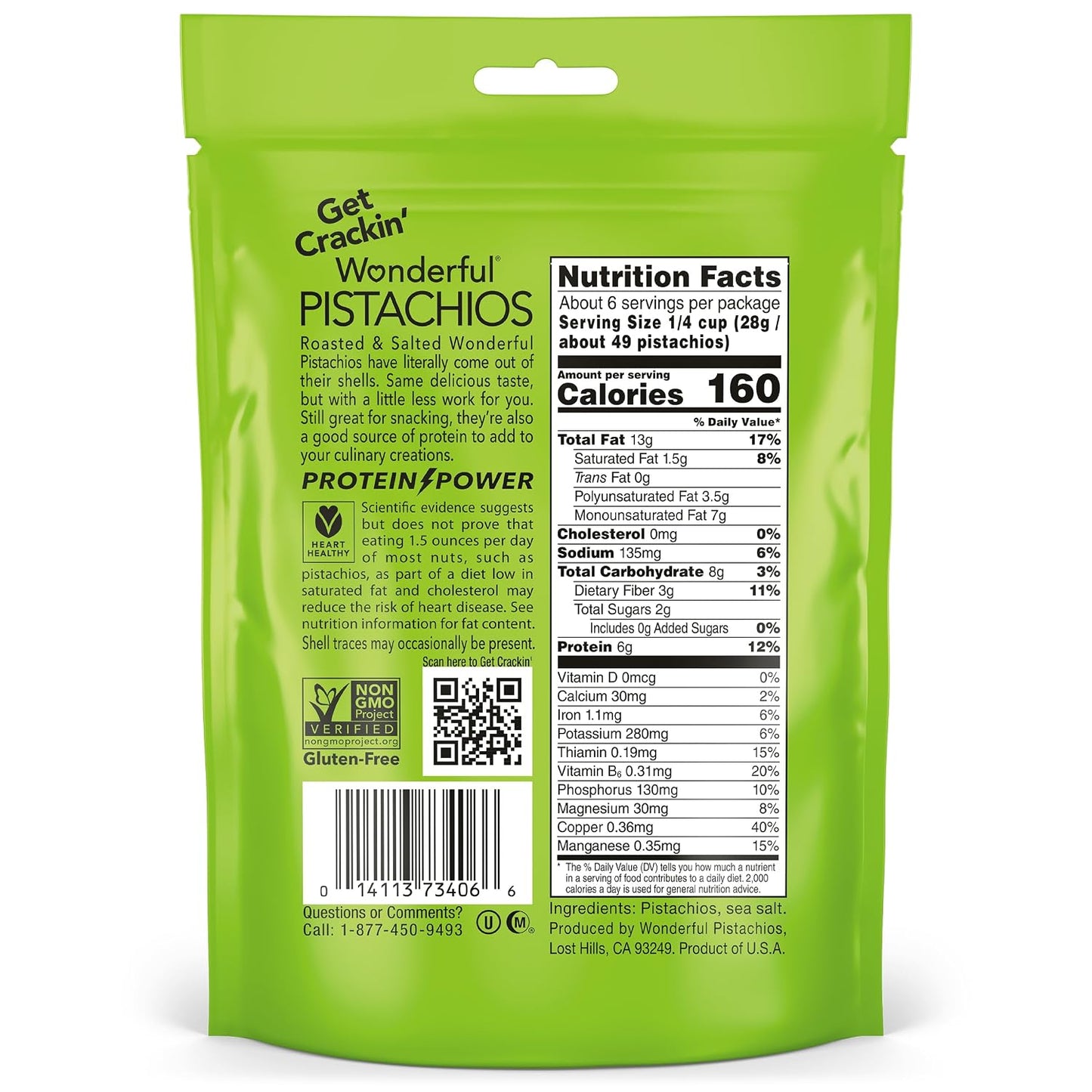 Wonderful Pistachios No Shells, Roasted & Salted Nuts, 6 Ounce Resealable Bag