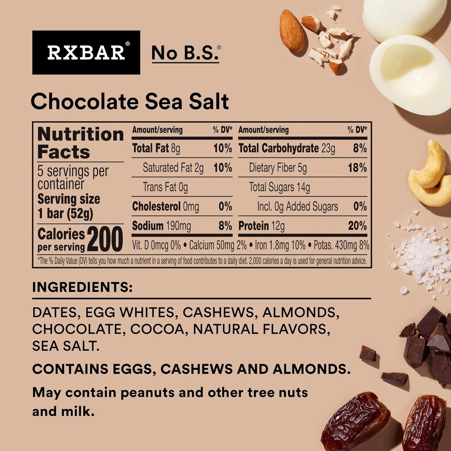 Chocolate Sea Salt RXBAR Protein Bars, 12g Protein, Gluten Free Snacks, 6 Boxes, 30 Bars