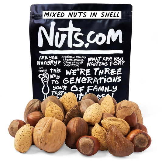 Mixed nuts in shell assortment, 2 pounds, premium walnuts, almonds, hazelnuts, pecans, and Brazil nuts