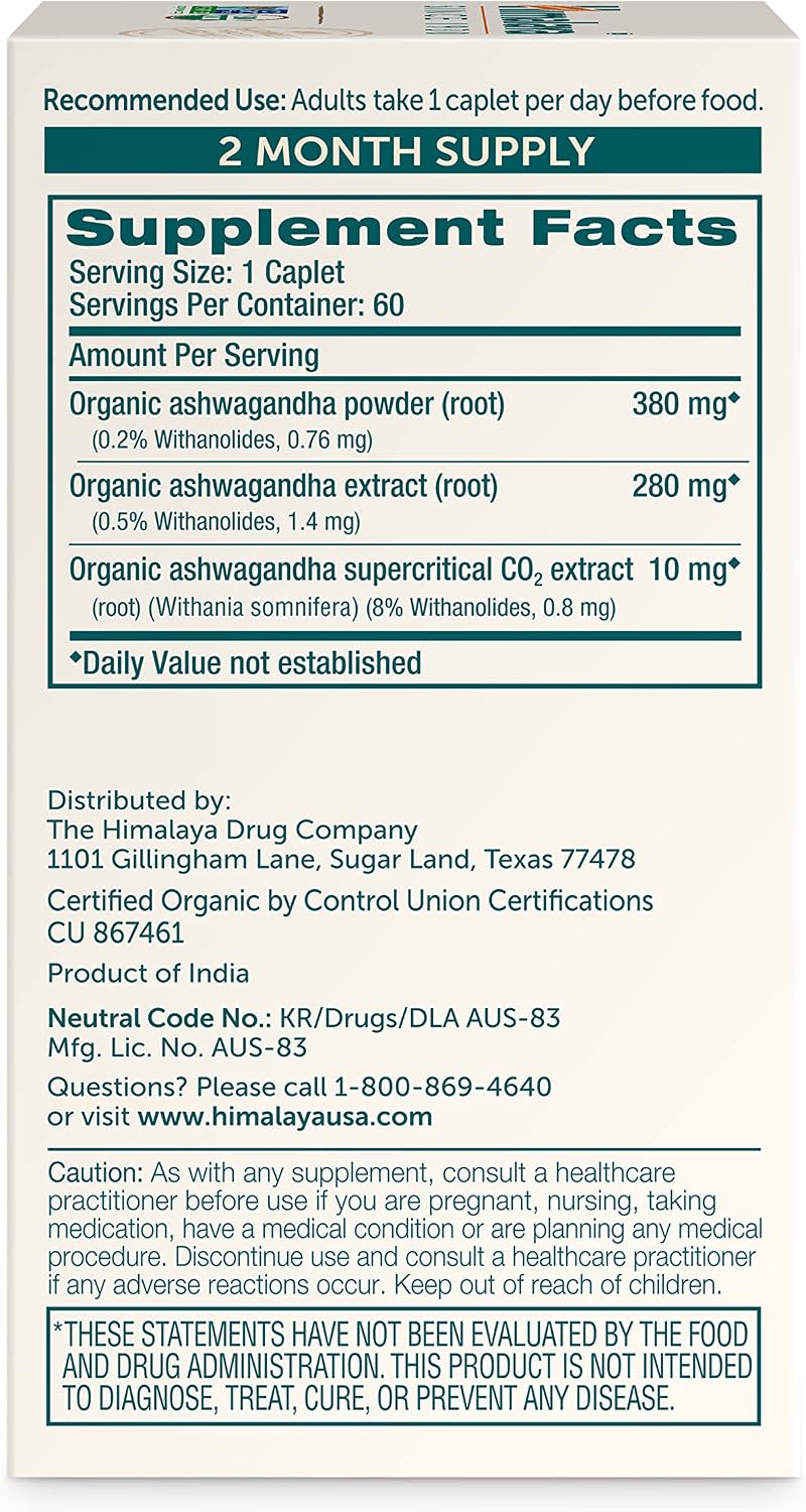 Himalaya Organic Ashwagandha Root, 2 Month Supply - Herbal Adrenal Support Supplements for Stress Relief and Energy Support - USDA Organic, Non-GMO, Vegan, Gluten Free, 670 mg, 60 Caplets