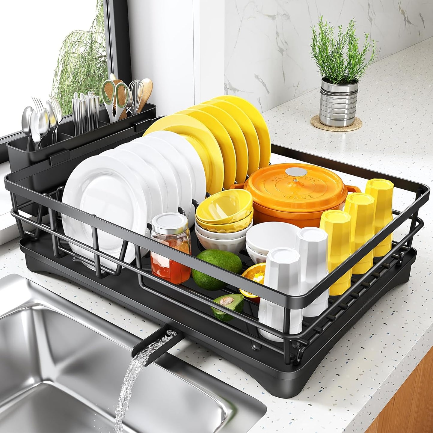 SNTD Dish Drying Rack for Kitchen Counter, 11.8" W x 16.7" L, Black | Rustproof Stainless Steel, Large Capacity, Angled Drainboard for Quick Drainage, Rotating Spout, Removable Utensil Holder