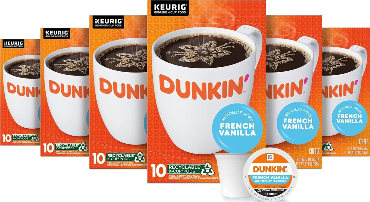 Dunkin' French Vanilla Artificially Flavored Coffee K-Cup Pods, 10 Count Boxes, Pack of 6