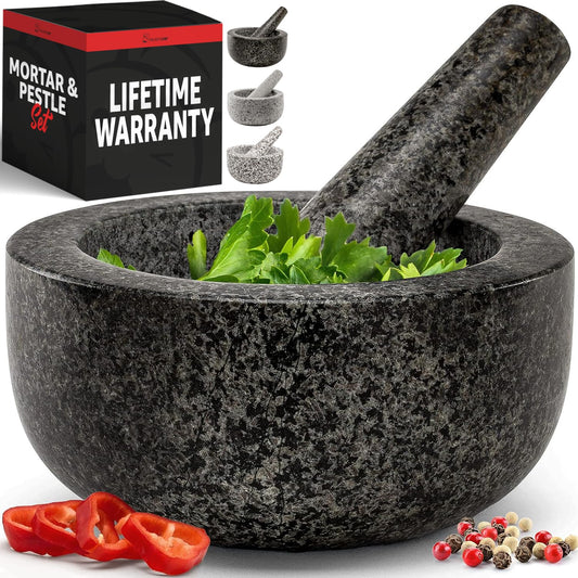 Priority Chef Heavy Duty Large 1.5 Cup Mortar and Pestle Set, 100% Natural Granite, 5.5 Inch Diameter Bowl, 6.2 Inch Pestle, Non-Slip Base, Stone Grinder for Guacamole Salsa Pesto Herbs Spices, Black