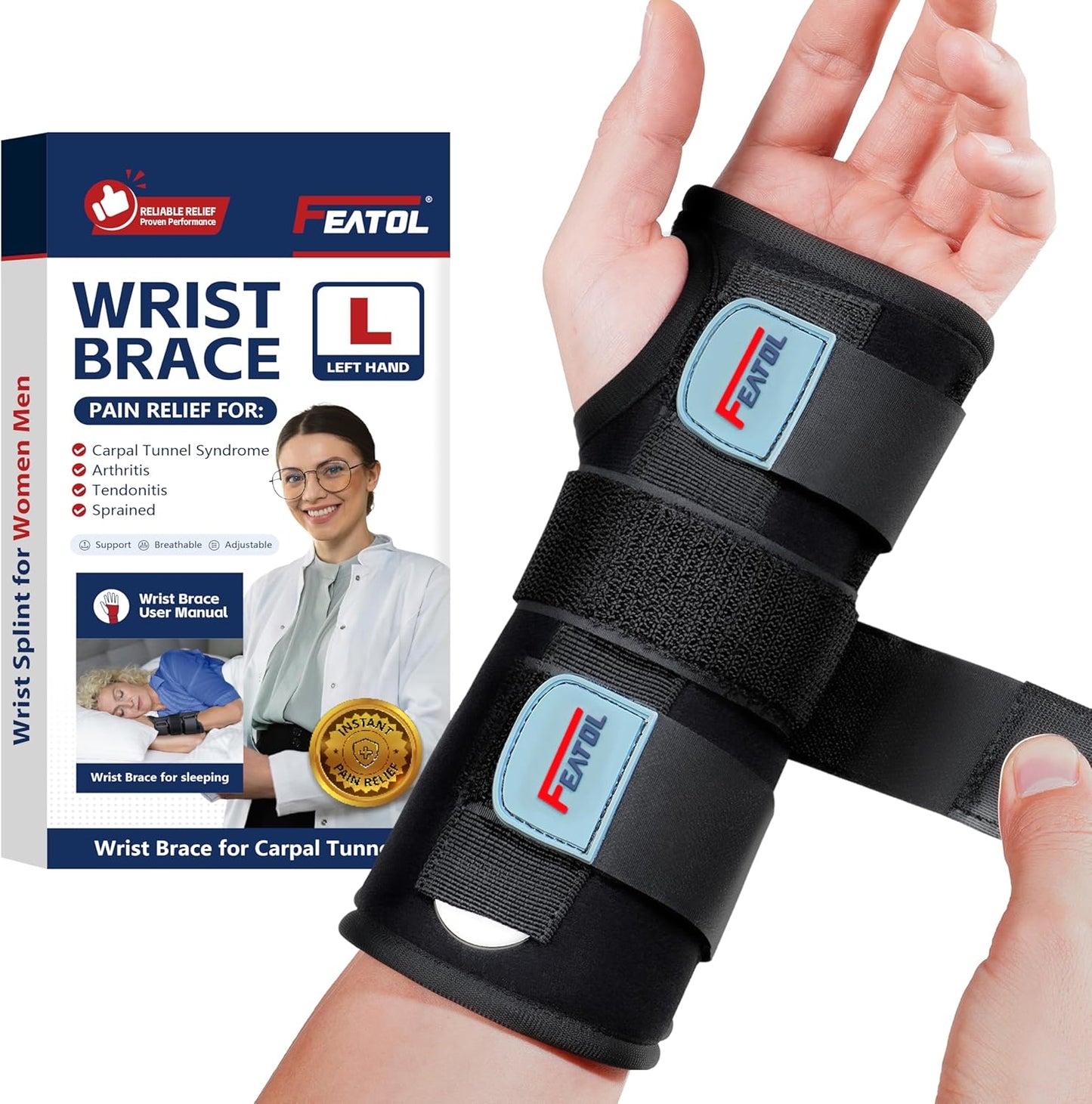 FEATOL Wrist Brace Hand Brace for Carpal Tunnel and Tendonitis Support Right Hand Small/Medium