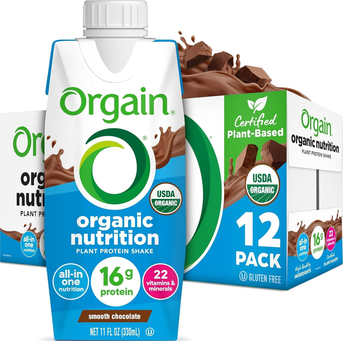 Orgain Organic Nutritional Vegan Protein Shake, Smooth Chocolate - 16g Plant Based Protein, Meal Replacement, 22 Vitamins & Minerals, Fruits & Vegetables, Gluten Free, Non-GMO, 11 Fl Oz (Pack of 12)