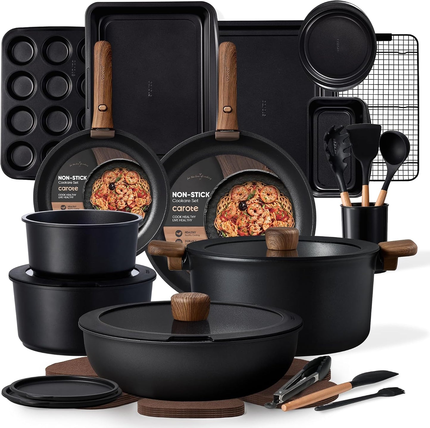CAROTE 19pcs Pots and Pans Set Non Stick, Detachable Handle Cookware Set | Induction Compatible, Dishwasher & Oven Safe, Space Saving, for Camping/RV/Traveling, Kitchen Cooking Set, Black