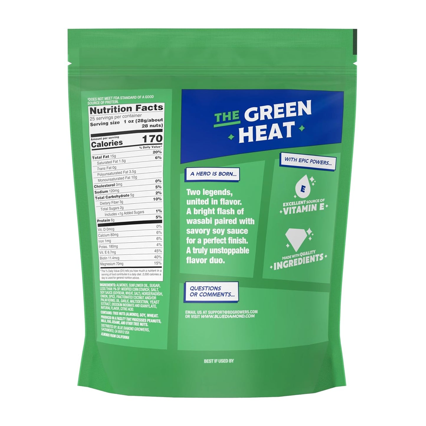 Blue Diamond Wasabi and Soy Sauce Flavored Almonds, 25 Oz Bulk Bag, Pantry Staple, GMO-Free, Kosher Certified