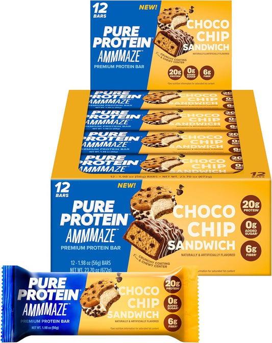 Pure Protein Choco Chip Sandwich Bars, 20g Protein, 12 Count, High Protein Snack