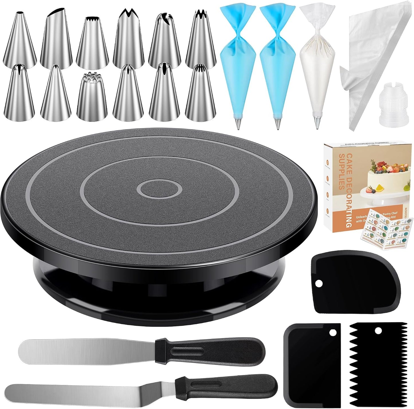 Kootek 158PCs Cake Decorating Kit, Baking Supplies Tools - Includes Cake Stand Turntable, 64 Icing Piping Tips Set, 2 Frosting Spatulas, 3 Scrapers, 50+2 Pastry Bags, Coupler, Video Tutorial, Booklet