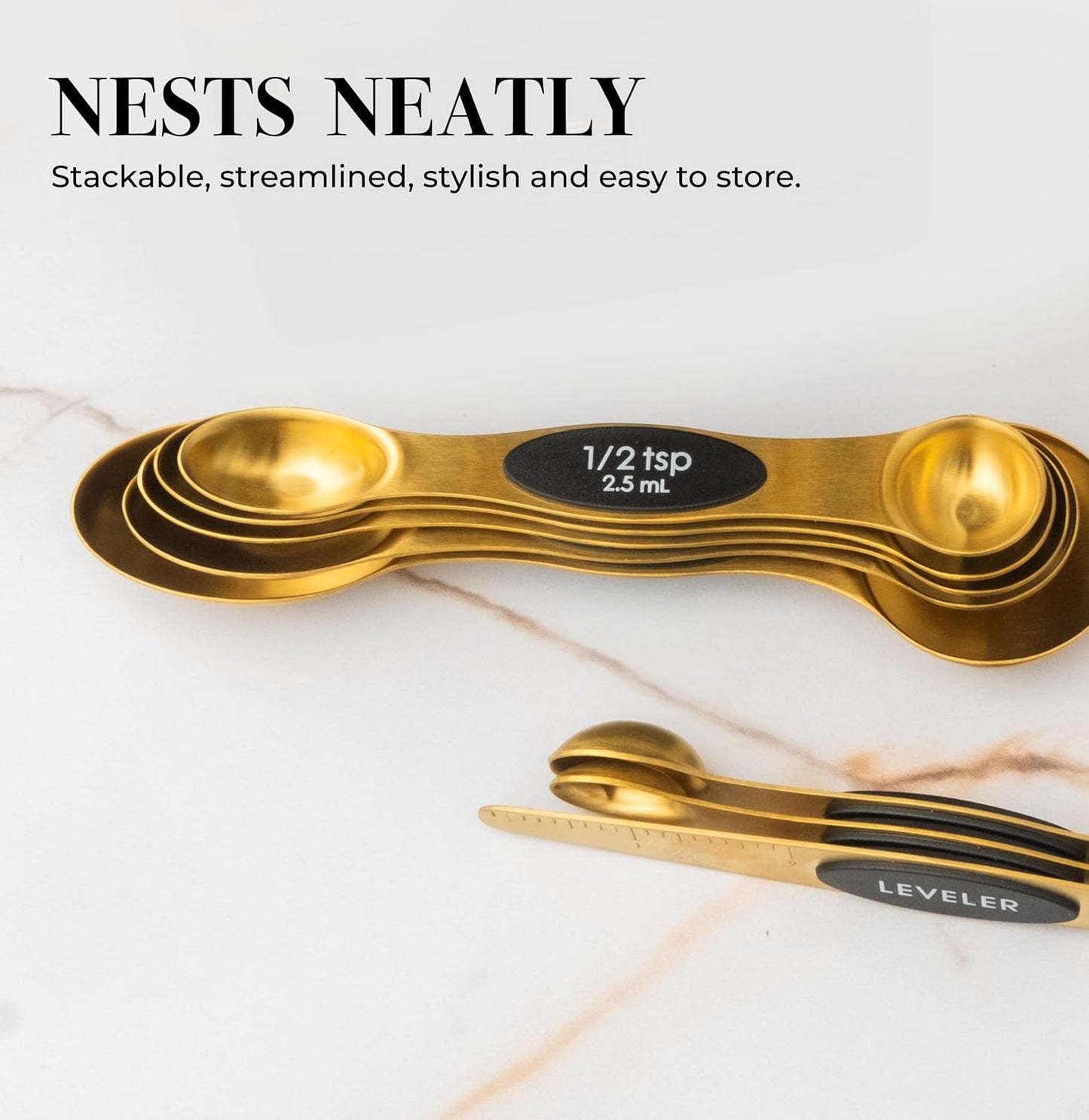 Styled Settings Magnetic Measuring Spoons Set, Gold | Stainless Steel Gold Measuring Spoons for Cooking and Baking - Cute and Durable Gold Kitchen Accessories - Great for Gifting