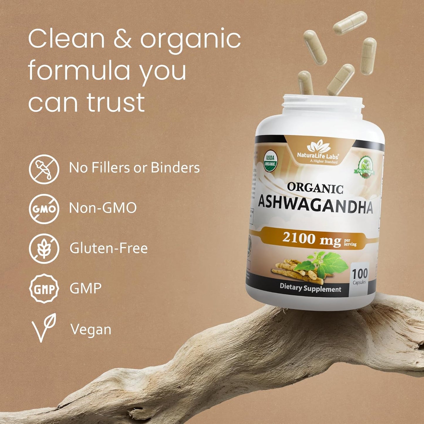 NaturaLife Labs Organic Ashwagandha 2100 mg per Serving – Full Spectrum Root Powder and Standardized Extract (Withanolides) – 100 Capsules – Vegan – Non-GMO, Gluten-Free
