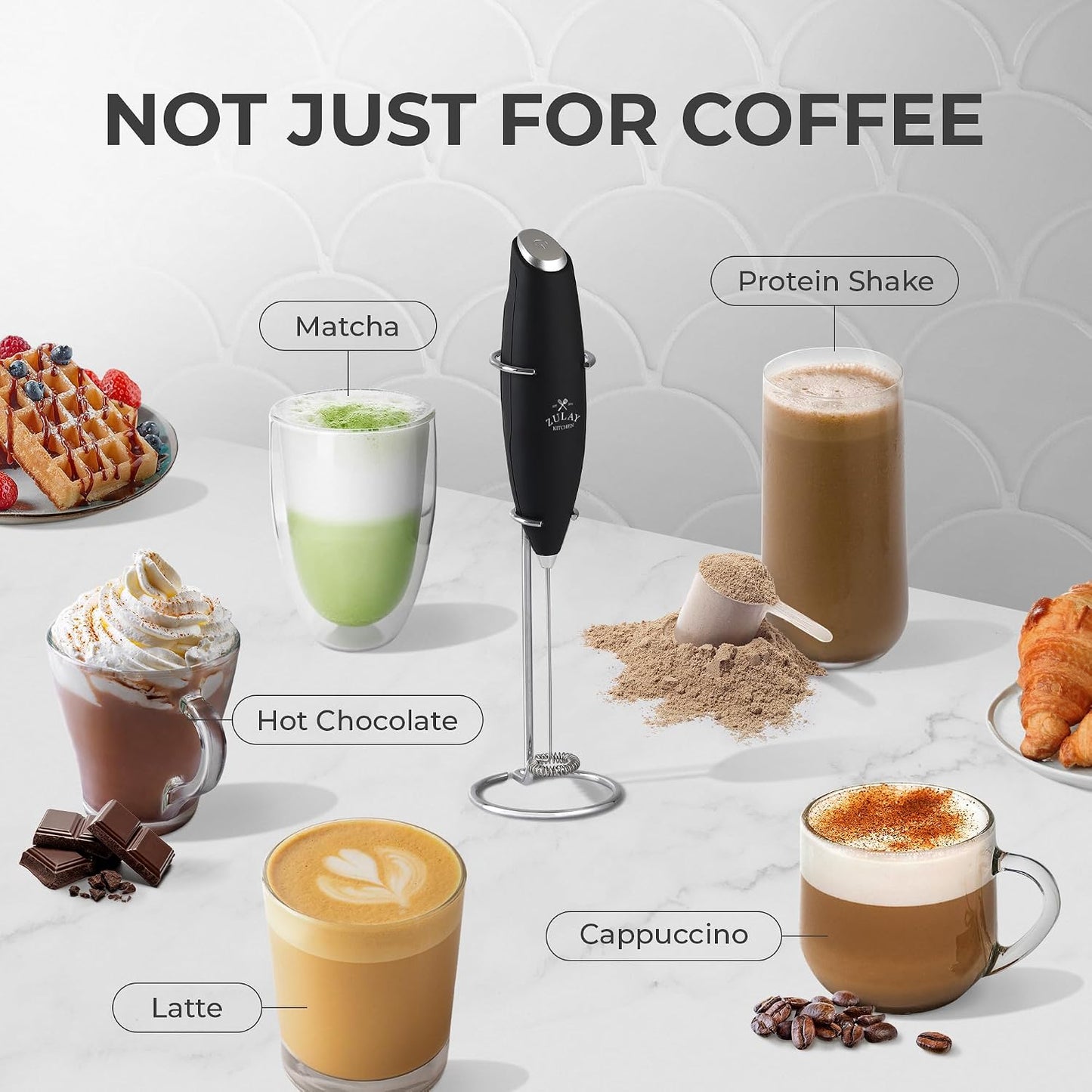 Zulay Kitchen Powerful Milk Frother Wand With Duracell Batteries - Ultra Fast Handheld Drink Mixer - Electric Whisk Foam Maker for Coffee, Lattes, Cappuccino & Matcha - Z1 Motor - Black