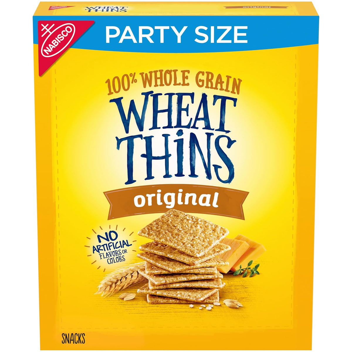Whole grain wheat crackers in a 20 oz party size box